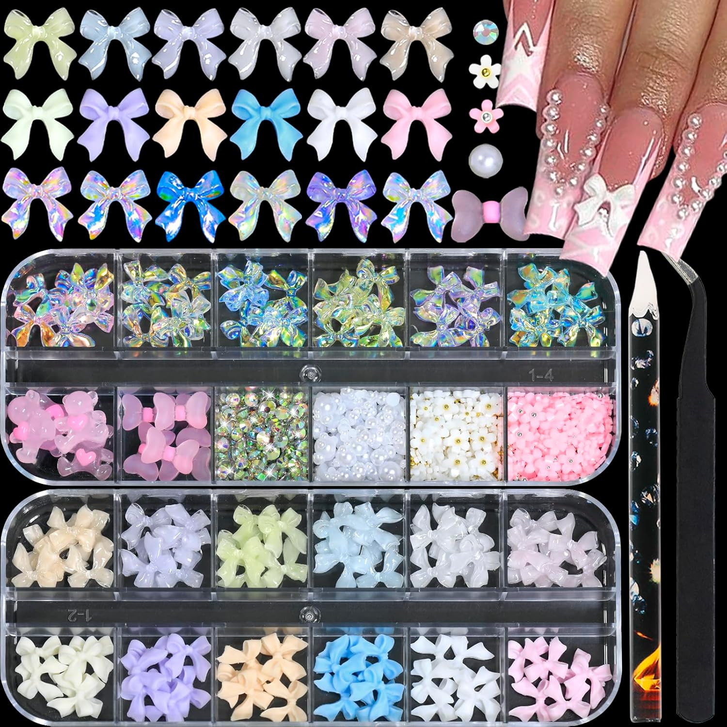 Bow Nail Charms – 3D Multiple Colors, Bow-Knot, Bear, Flower, Pearls, Flat Back
