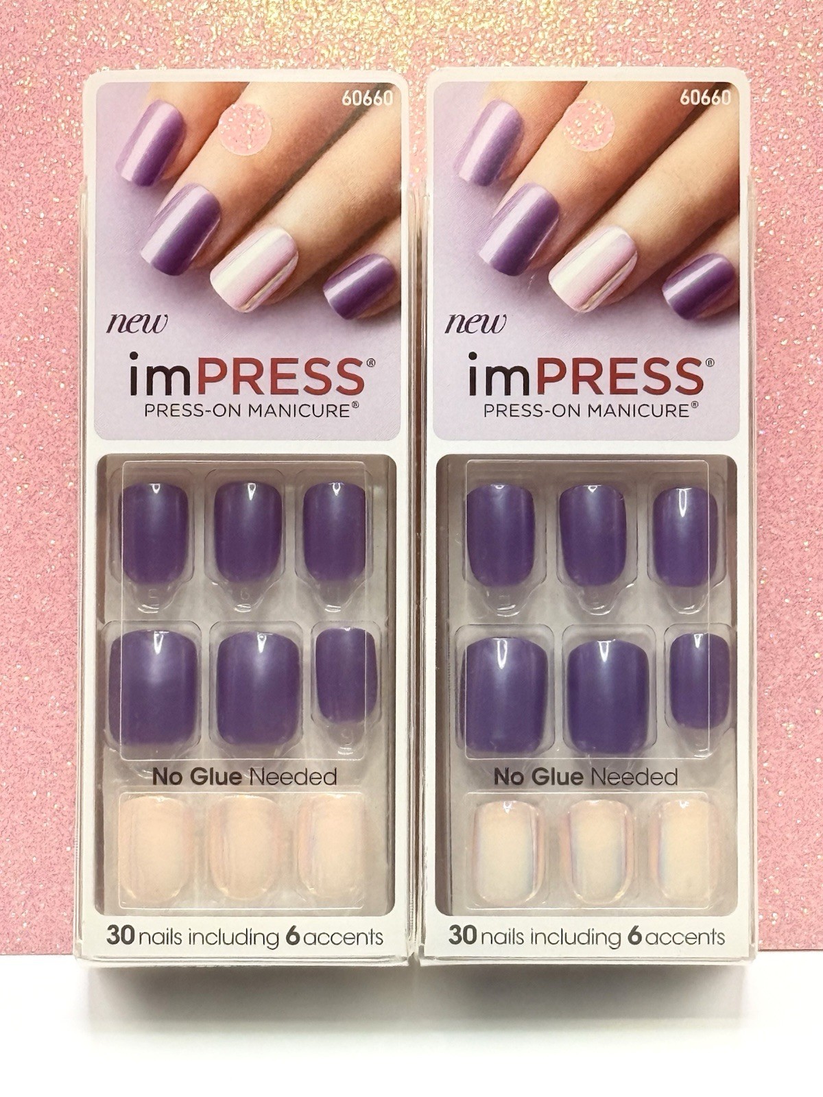 Kiss imPRESS No Glue Press-On Nails Short Purple White Chrome 60660 Lot Of 2