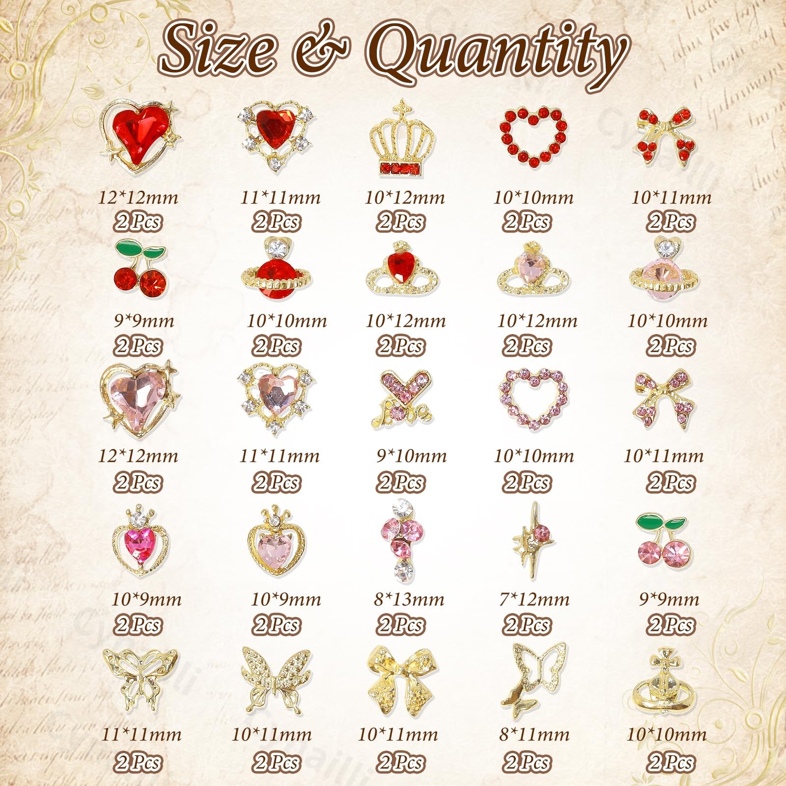 50 Pcs Valentines Gold Nail Charms and Gems, Gold Cherry Heart Crown Star Pla…