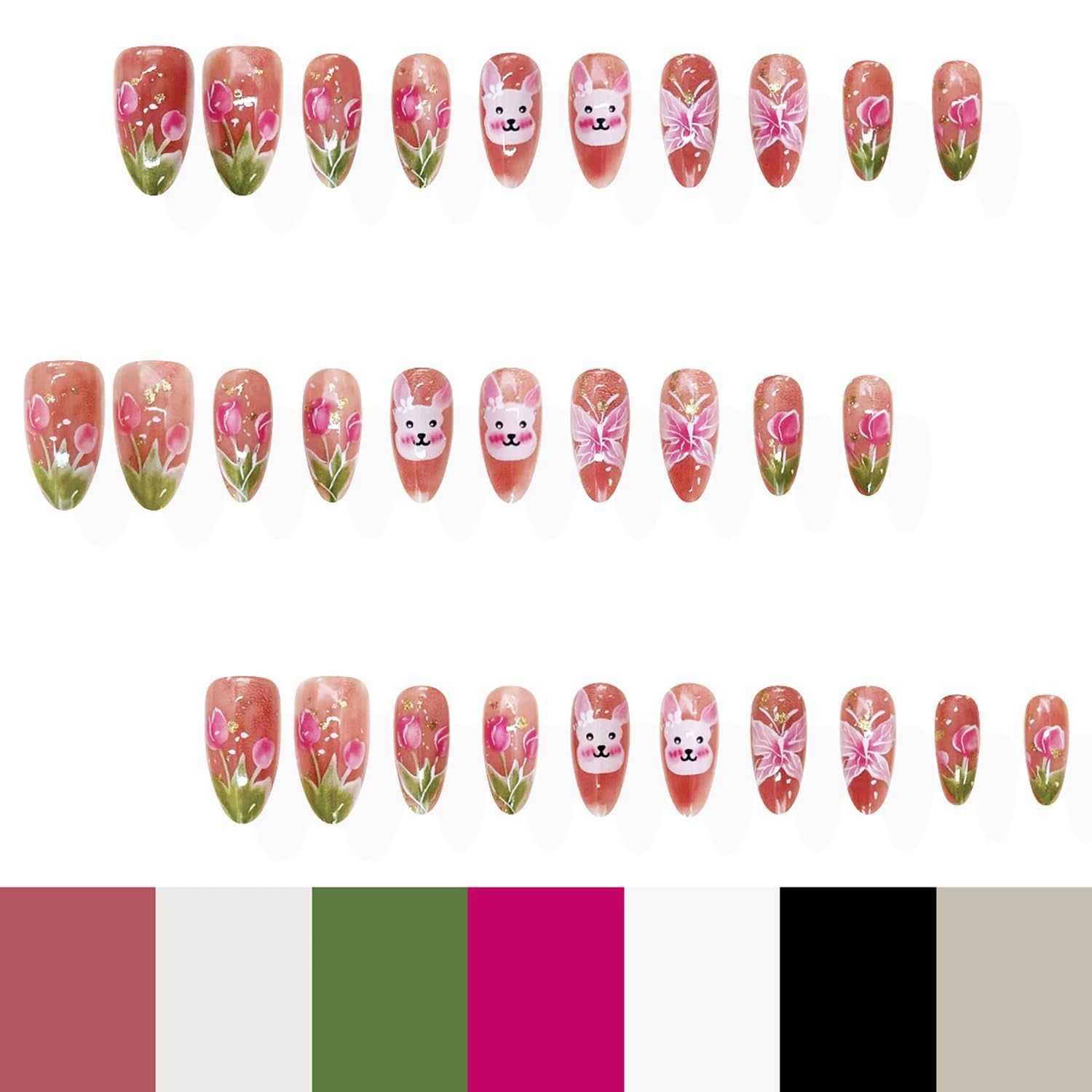 24Pcs Easter Bunny Press on Nails Almond Medium Fake Nails Flower Butterfly P…