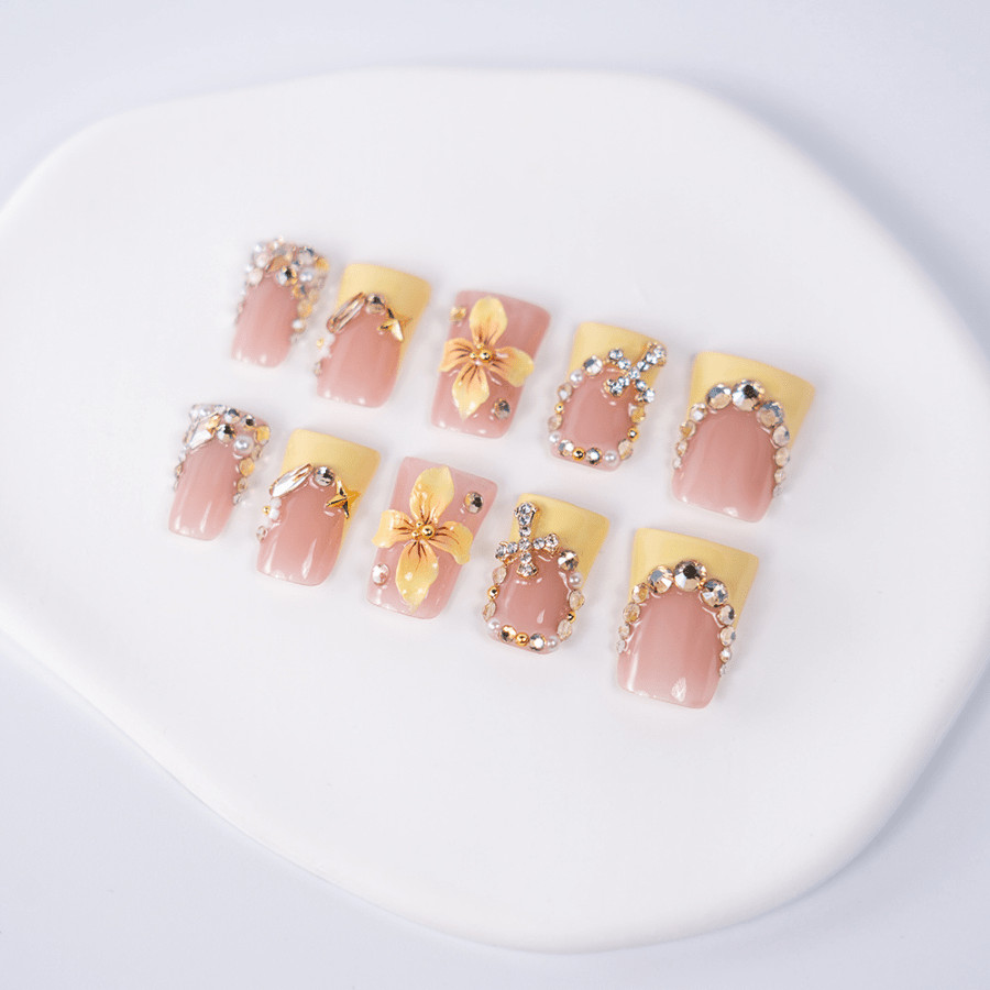 10pcs Short Square Press on Nails, Nude Yellow Gold Flower Cross Manicure