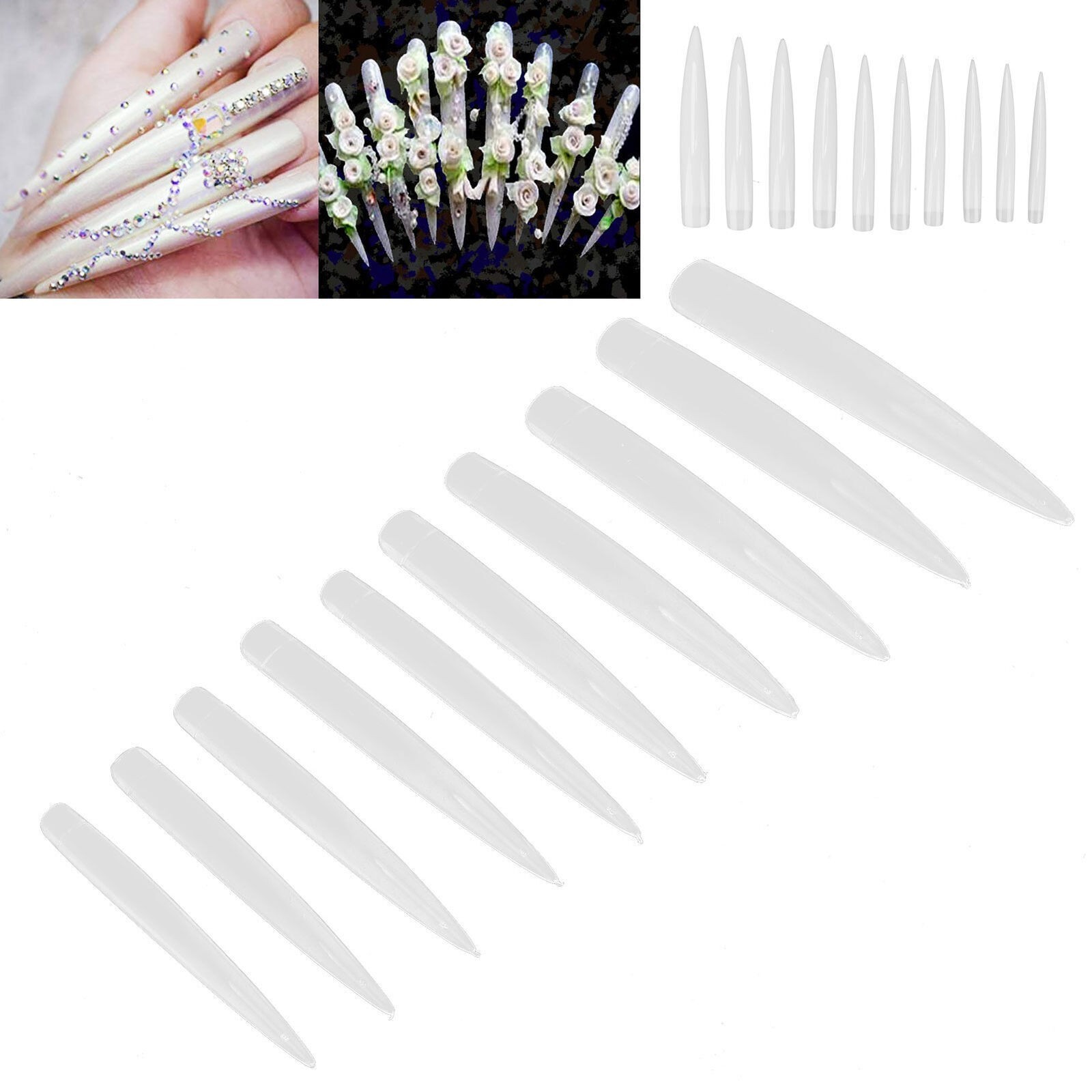 10pcs Professional Long Pointed Nail Tip Home Salon Fake False Nail Set Manicure