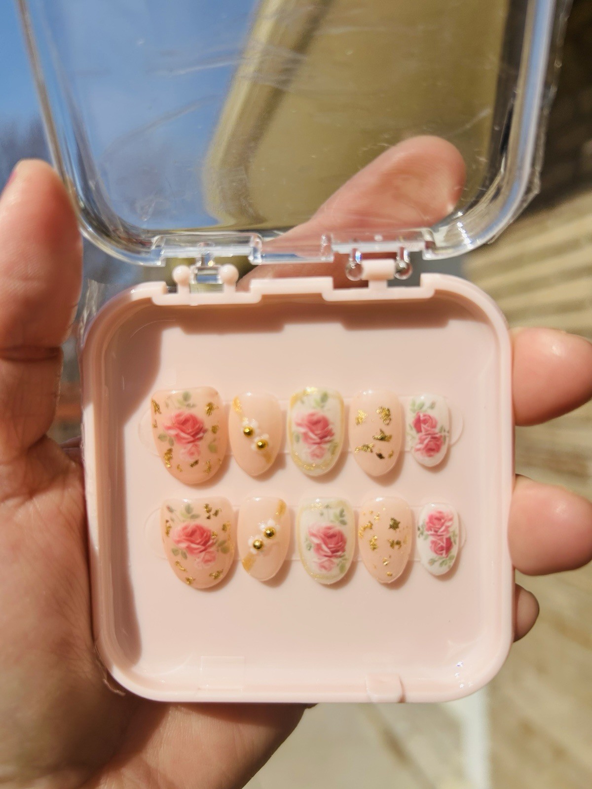 Floral Rose 3D Medium Square Press-On Nails Beige Pink Gold Acrylic