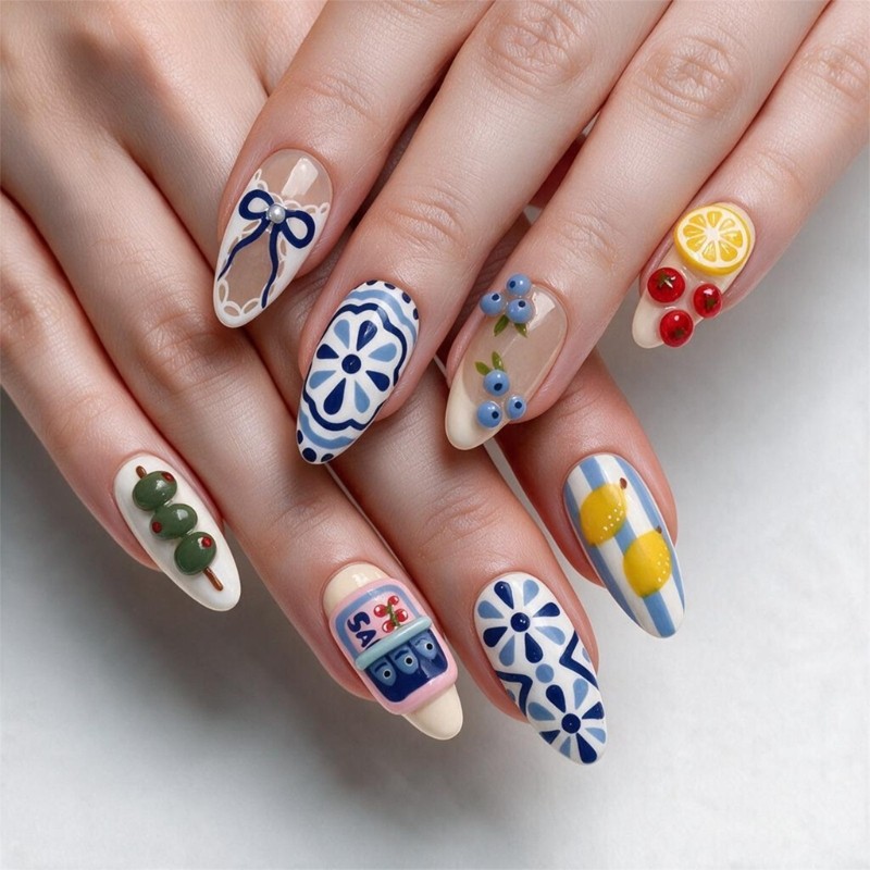 Press On Nail with Blue White Art Design False Nail for Travel Casual Outings