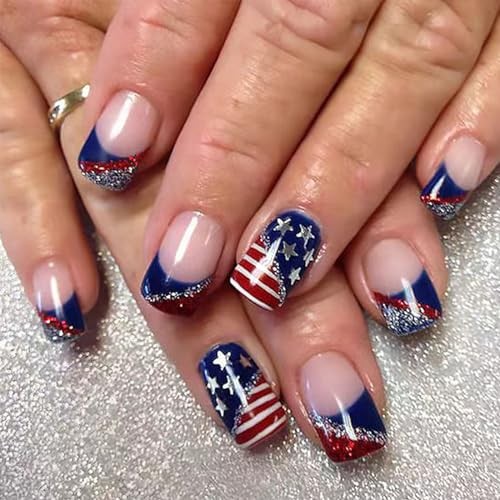 4th of July Press on Nails Short Square Short Square Star Glitter Red Blue
