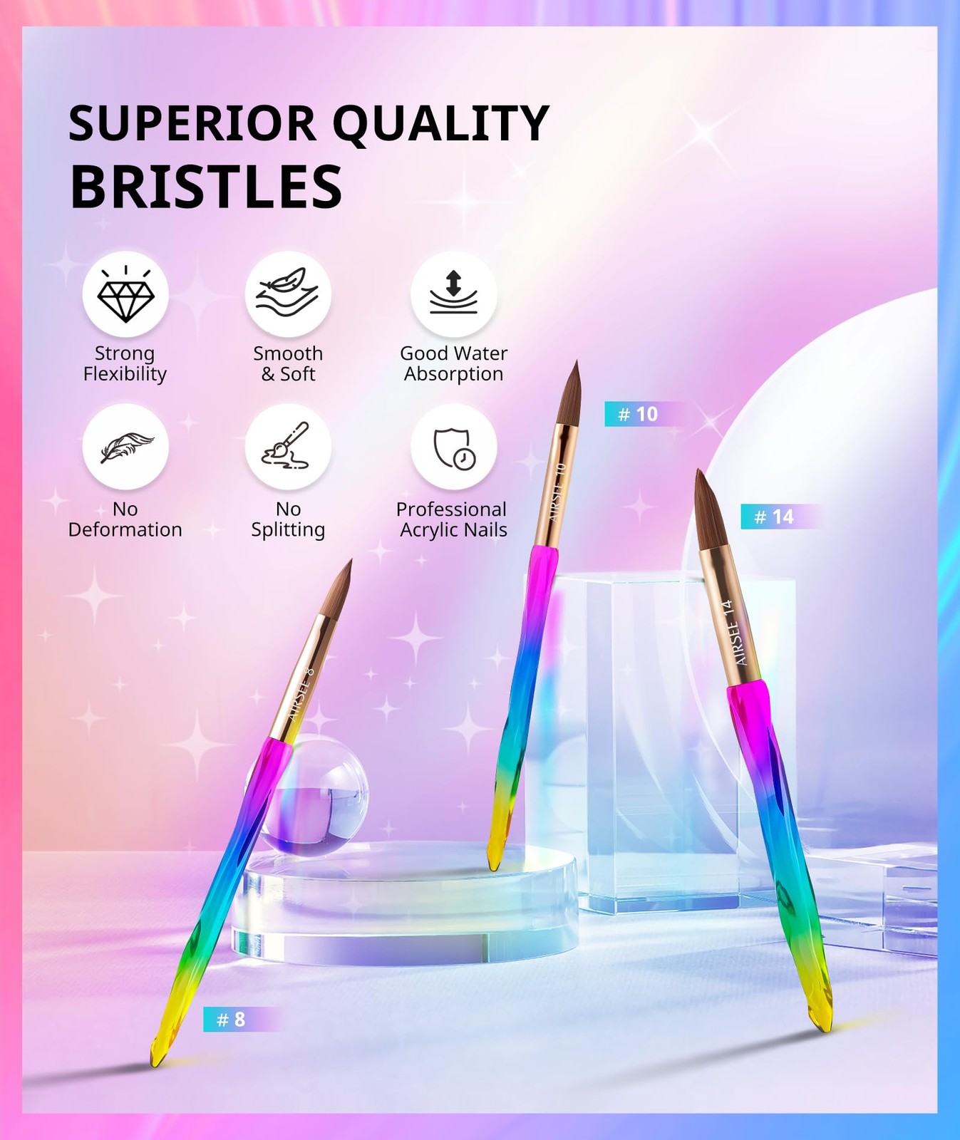 AIRSEE 3PCS Acrylic Nail Brush Set Size 8/10/14 Professional for Rainbow