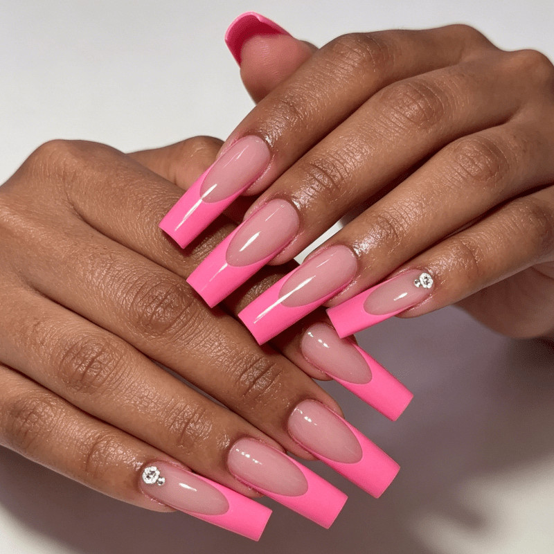 48 Pcs Hot Pink French Coffin Press on Nails, Bright Y2K Daily Nude Fake Nails