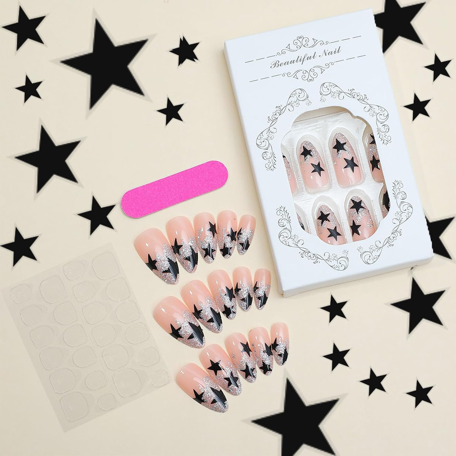 24Pcs Medium Almond Press on Nails with Black Five-pointed Star Design, Glossy S
