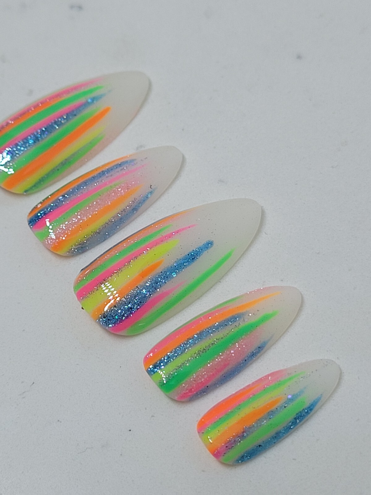 Custom Gel Press on Nails Handmade 10 pc set SMALL neon rainbow stripes glitter