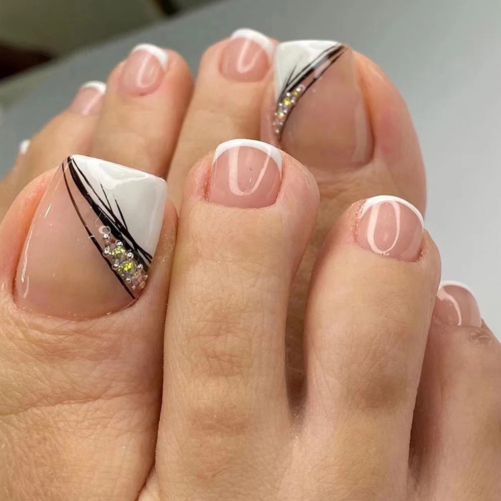 24pcs Retro Red French False Toenails Gold Crystal Square Full Cover