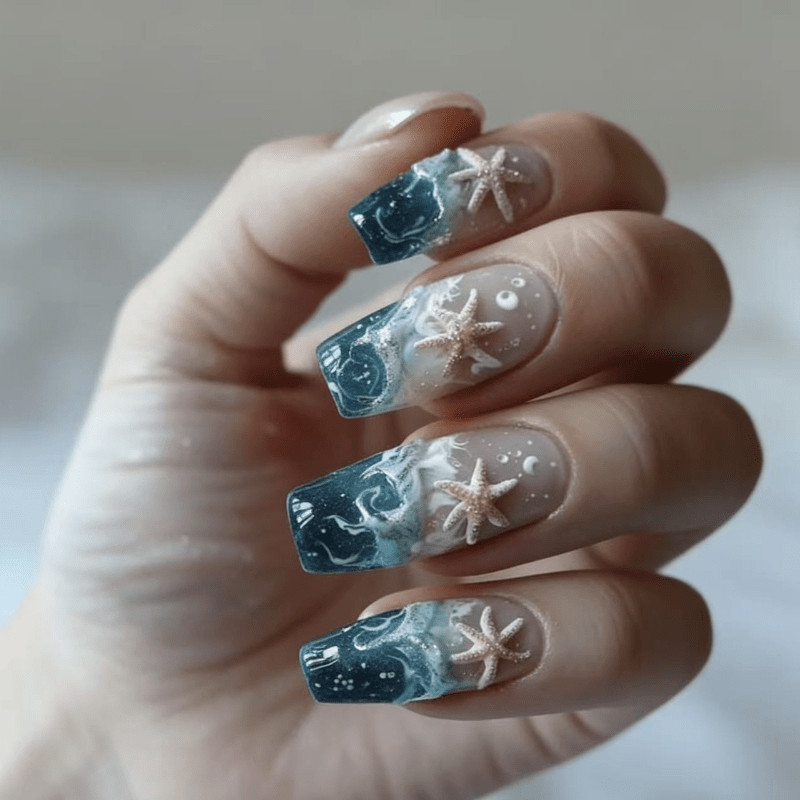 48Pcs Long Trapezoid Nails, Blue Green Gradient, Wave Starfish Decor