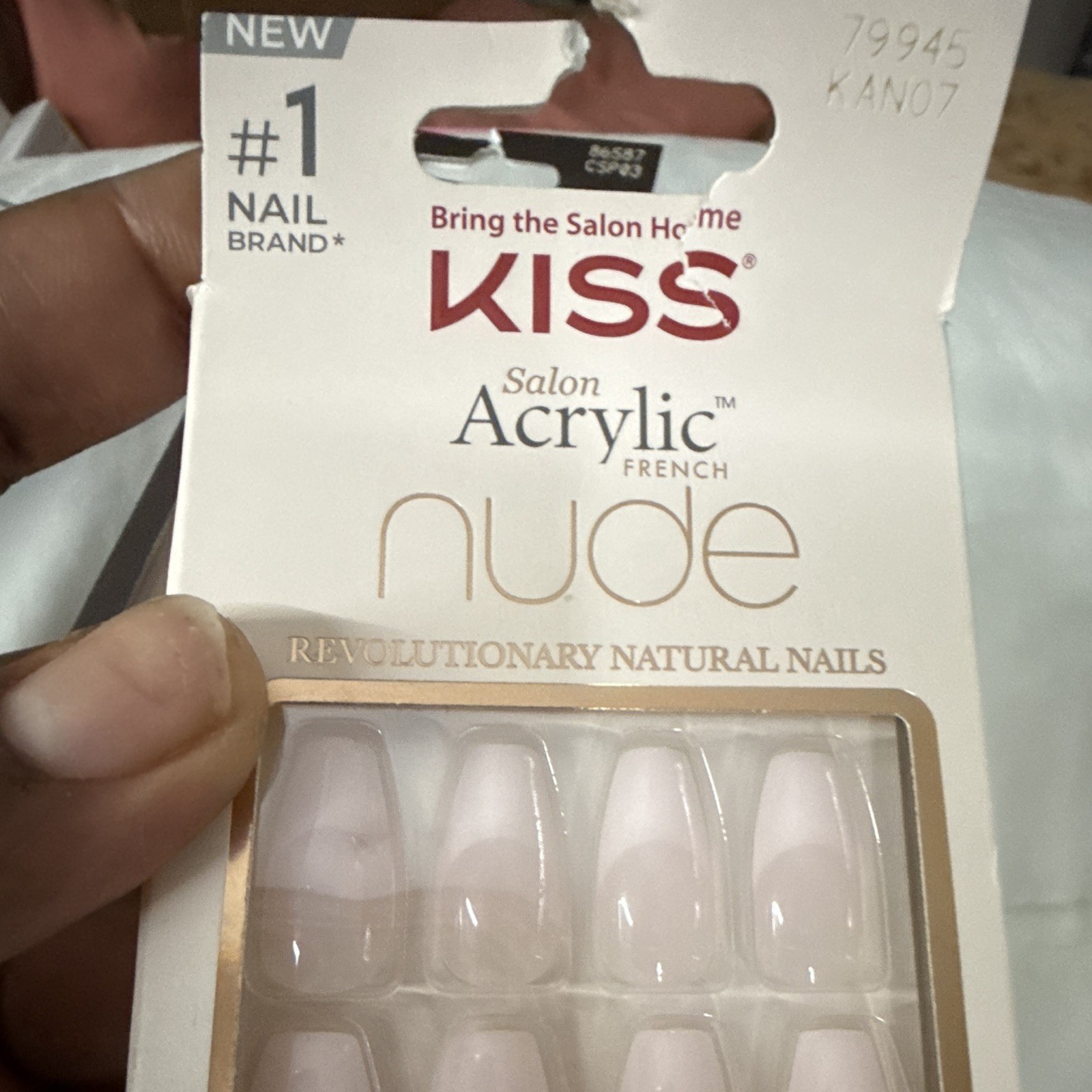 KISS Press-On Nails Lot of 3 Long Coffin French Glitter 3D Nude/White Glue