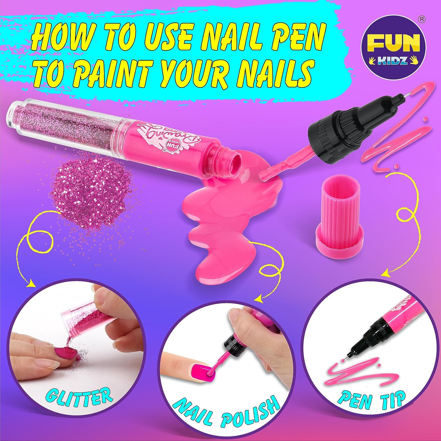 Craft Nail Pens Kit for Kids Ages 7-12, Funkidz Nail Set with Nail Polish Glitte