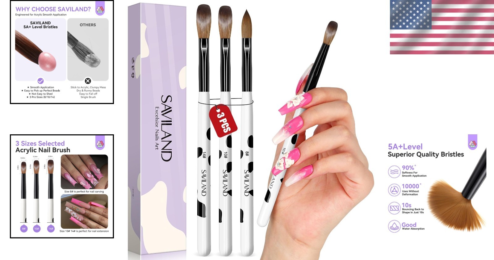 3Pcs Acrylic Nail Brush Set, Size 8/10/14 Kolinsky Acrylic Nail Brushes for Acry