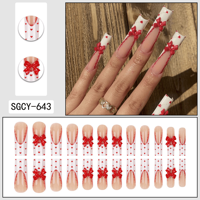 24pcs Extra Long Press on Nails, Red Chain Heart 3D Bow Romantic Nail Design