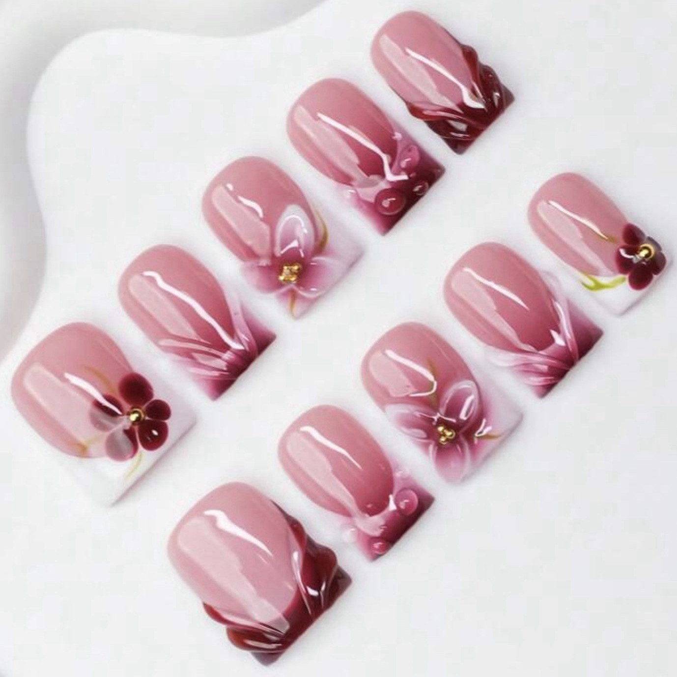 Square Press-On Nails Medium 3D Pink/Burgundy/White Flower Pre-Designed