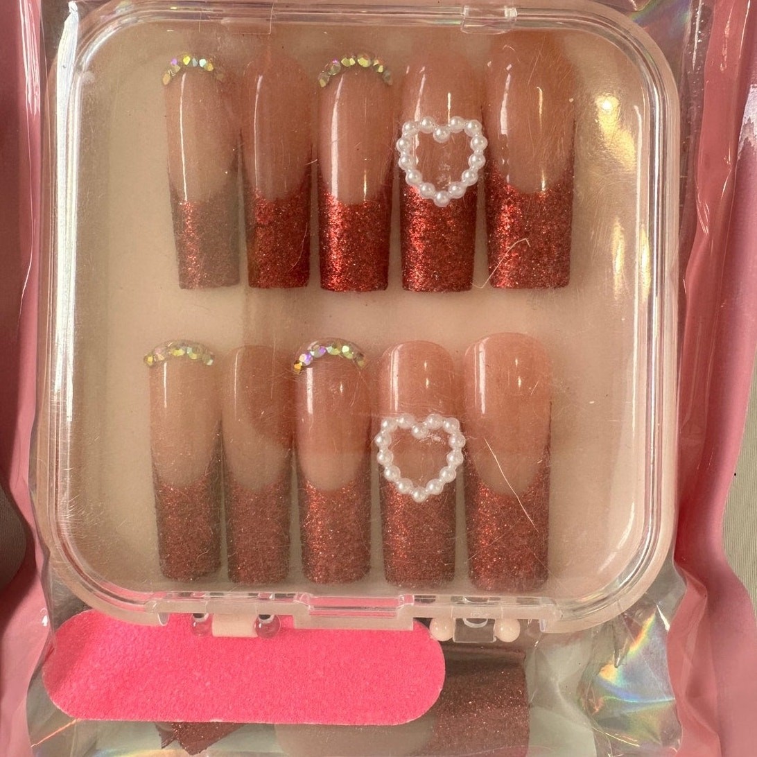 Red and Black Spiderweb Heart Press On Nails Square Coquette French Tip Gothic