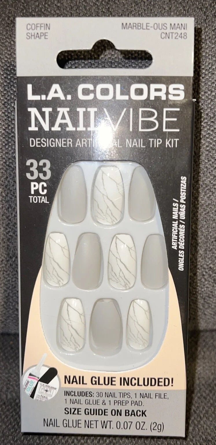 L.A. COLORS Nail Frill Artificial Nail Tips, Marble-ous Mani, 33 Pieces