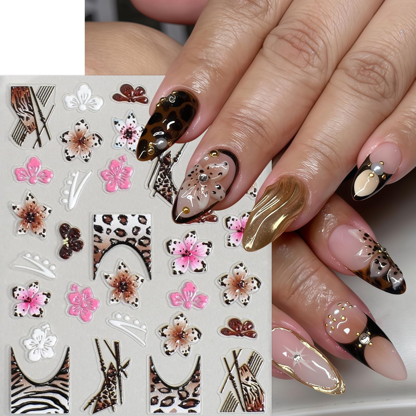 6 Pcs Fall Winter Flower Nail Art Stickers Decals Leopard Print French Flower…