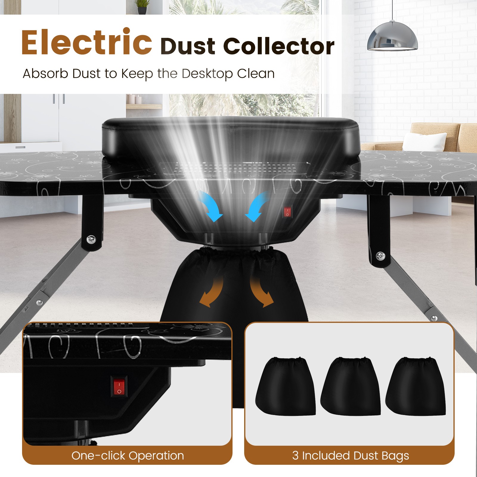 Folding Manicure Nail Table on Wheels w/Soft Wrist Pad & Electric Dust Collector