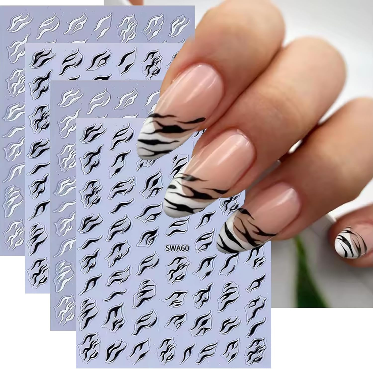 4 Sheets 3D Black White Zebra Print Nail Stickers, Self – Adhesive 3D Zebra Patt