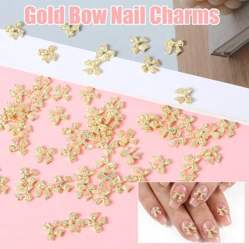 Mabor 80PCS Gold 3D Bow Nail Charms, Alloy Metal Bows for Nails, Shiny DIY