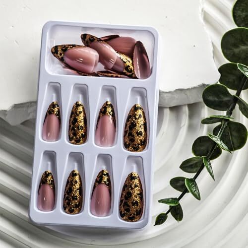 Leopard Press on Nails Gold Glitter Fake Nails 24 Fl Oz (Pack of 1) Style07