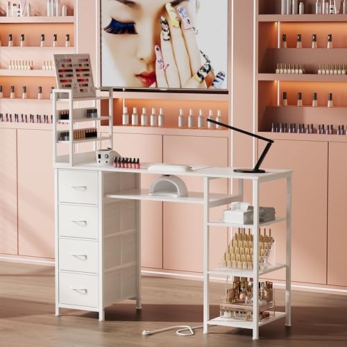 Nail Tech Desk with Power Outlet Storage White