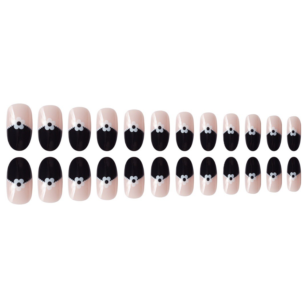 Black White Daisy Polka Dot French Retro INS Style Press On Nails Wholesale