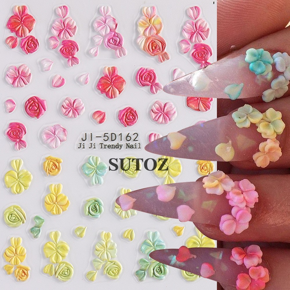 3D Gradient Flower Embossed Lily Hibiscus Floral Nail Art Stickers Decor NH29