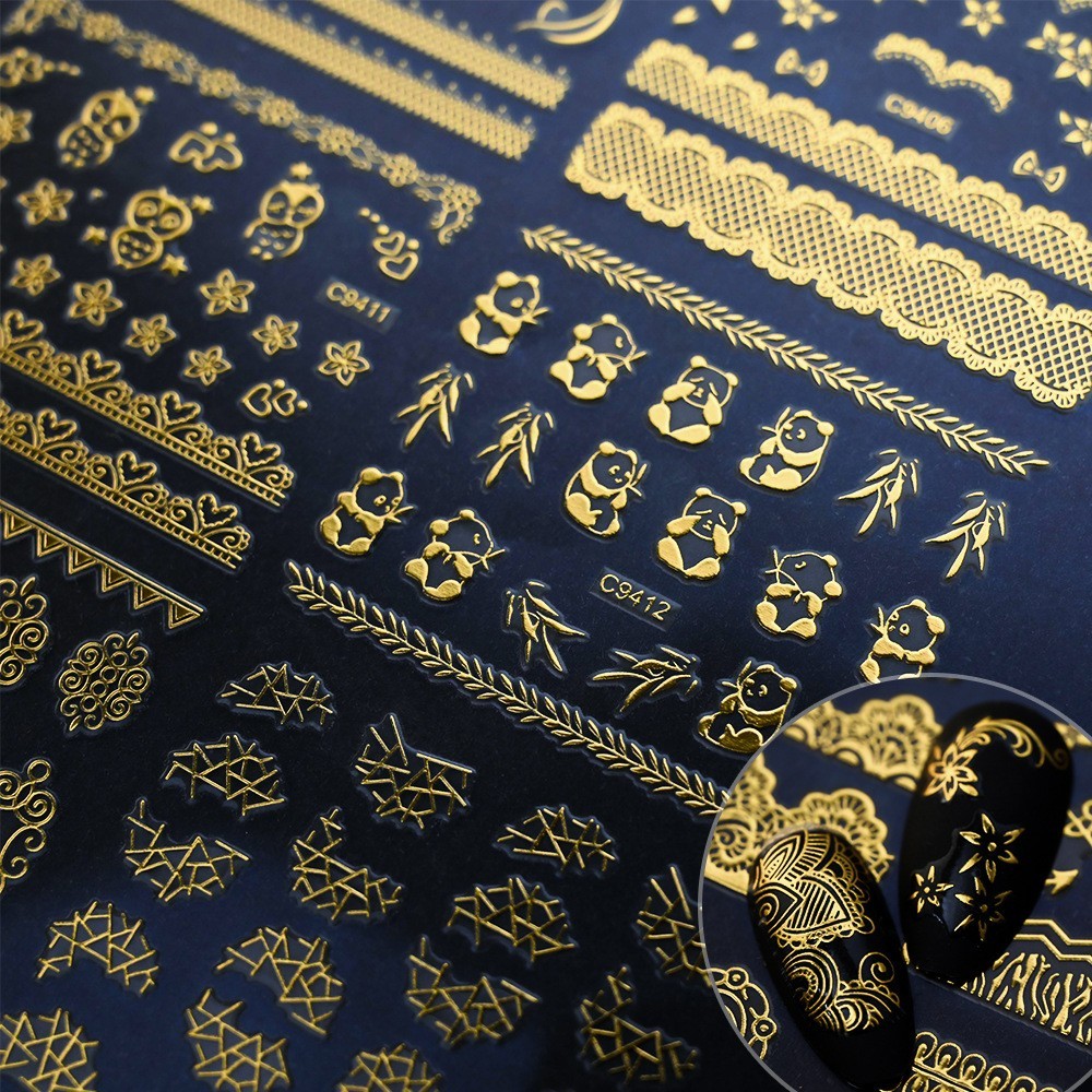 10 Sheets Nail Art Stickers Gold Lace Moon Star French Line Geometric Slider C94
