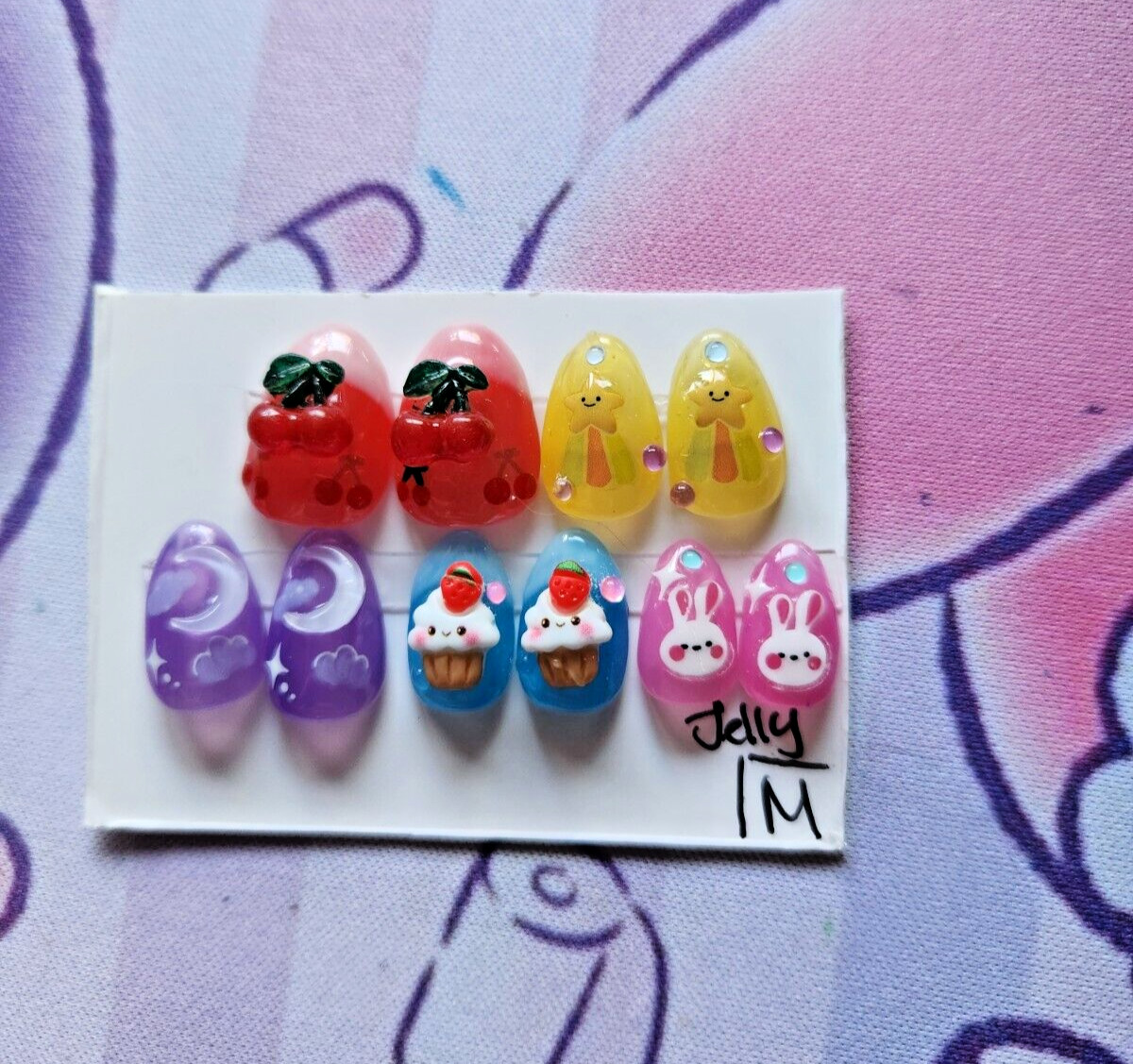Hand Painted “Fun Jelly” Extra Short Almond Length Press On Nails (size M)
