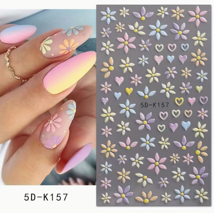 Flower & Heart Nail Stickers 5D Colourful Spring Floral Nail Art 1pcs