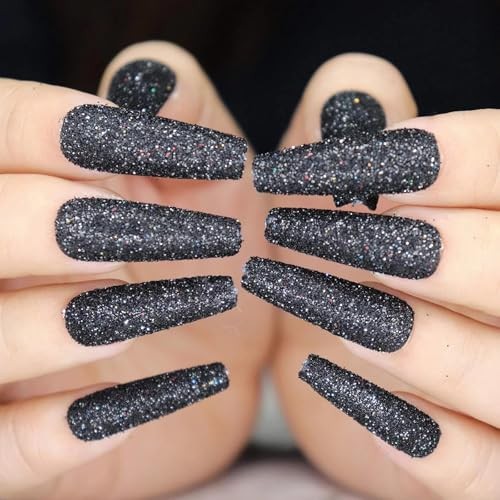 Press on Nails – Long Coffin Fake Nails with Bling Glitter, Glitter05Black
