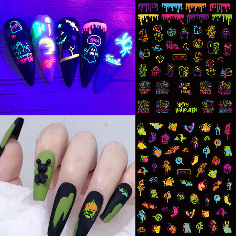 Luminous Halloween Pumpkin Ghost Skull 3D Nail Stickers Glow In Dark Decals NH16
