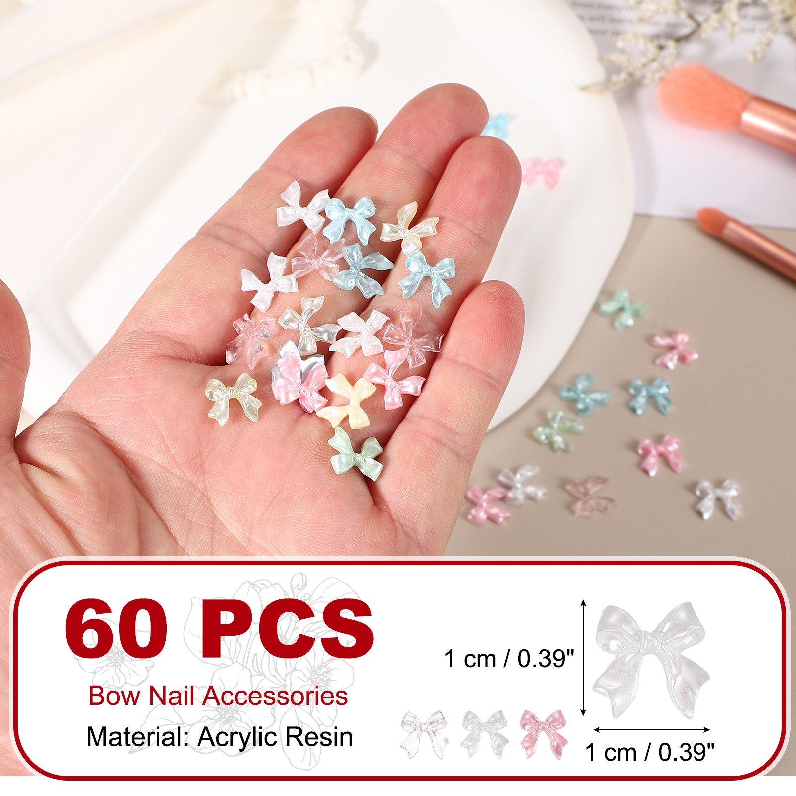 Nail Bows 3D Flowers for Nails for DIY Manicure 60Pcs White/Pink/Sheer Pink Set