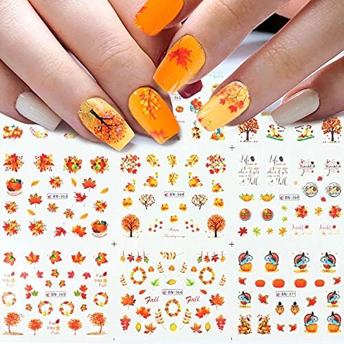 12 Sheets Fall Nail Art Stickers Thanksgiving Nail Decals Water Transfer A2