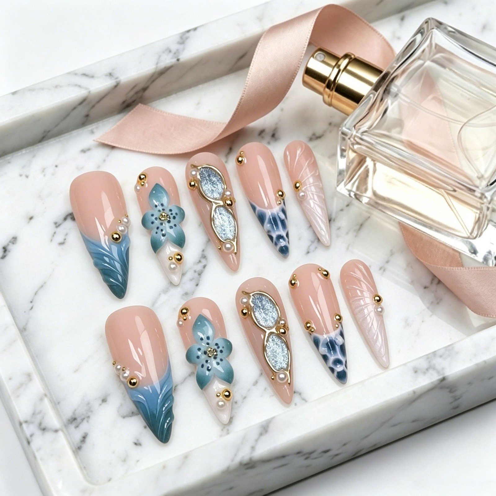 Handmade Long Almond Blue French Tip Press-On Nails | 3D Flower, Cat Eye Designs