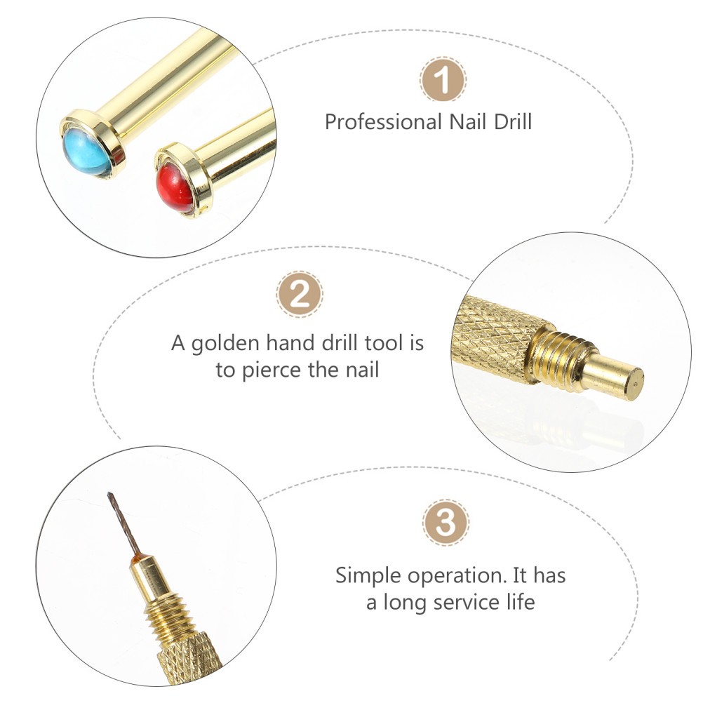 2Pcs Nail Art Piercing Tools Metal Nail Hand Drills Golden Color