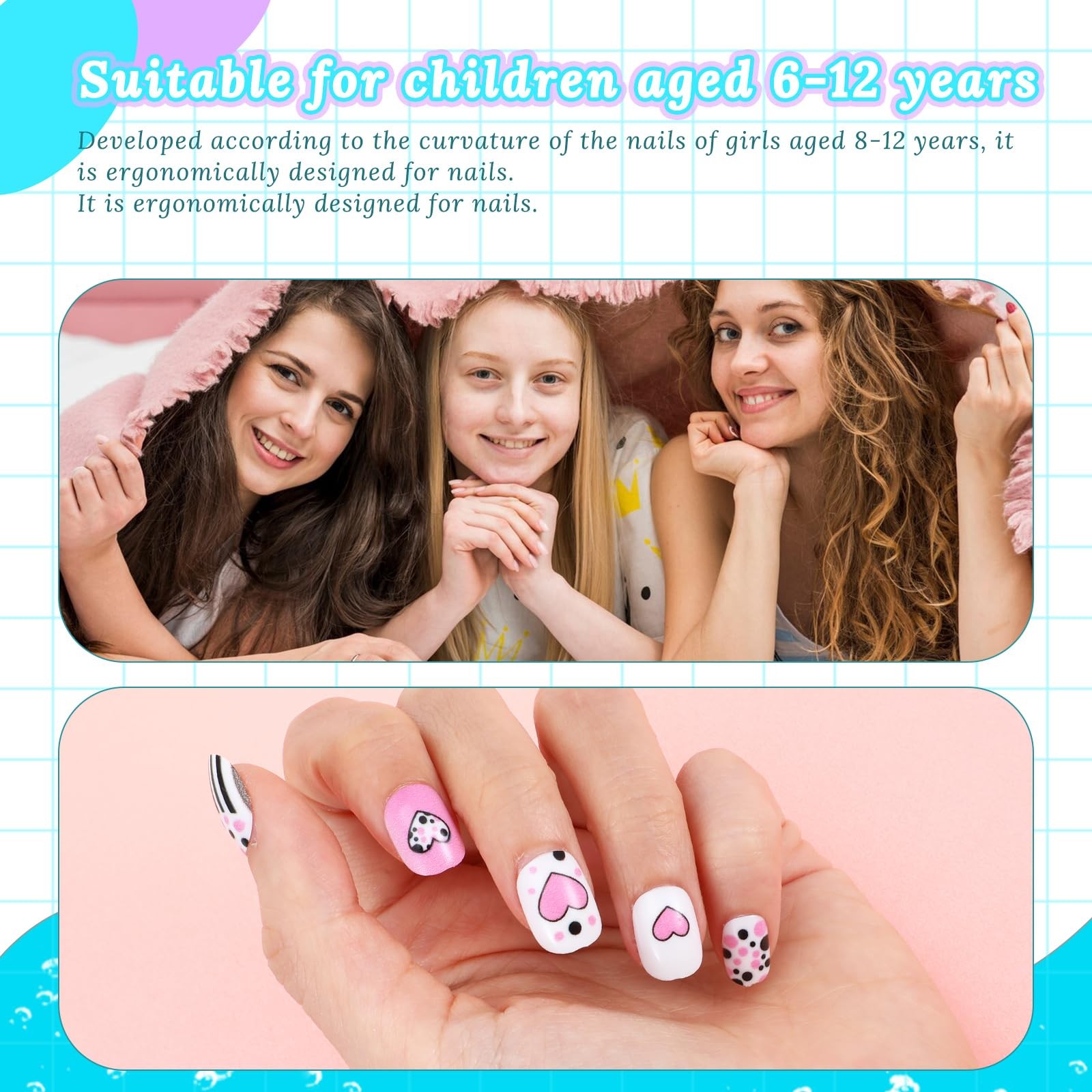 96 Pcs Fake Nail Press on Nails for Girls, Lovely False Nail Tips Pre-glue Fu…