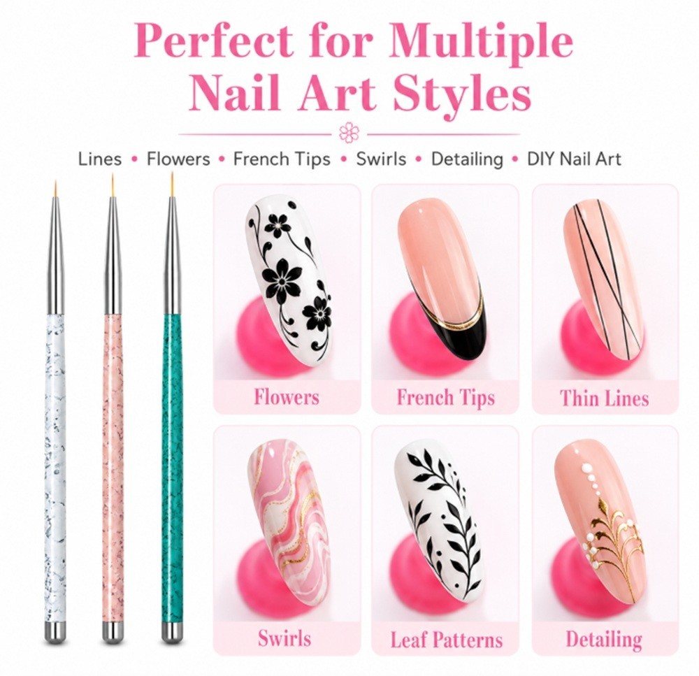 3-Piece Nail Art Tool Set Nail Art Pen UV Gel Dotting Tool Fine Liner Brush Kit