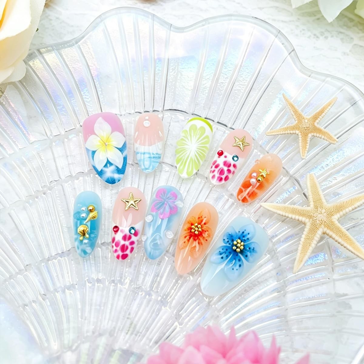 30Pcs Summer Ocean Press on Nails 3D Relief Starfish Shell Flower Design Fake…
