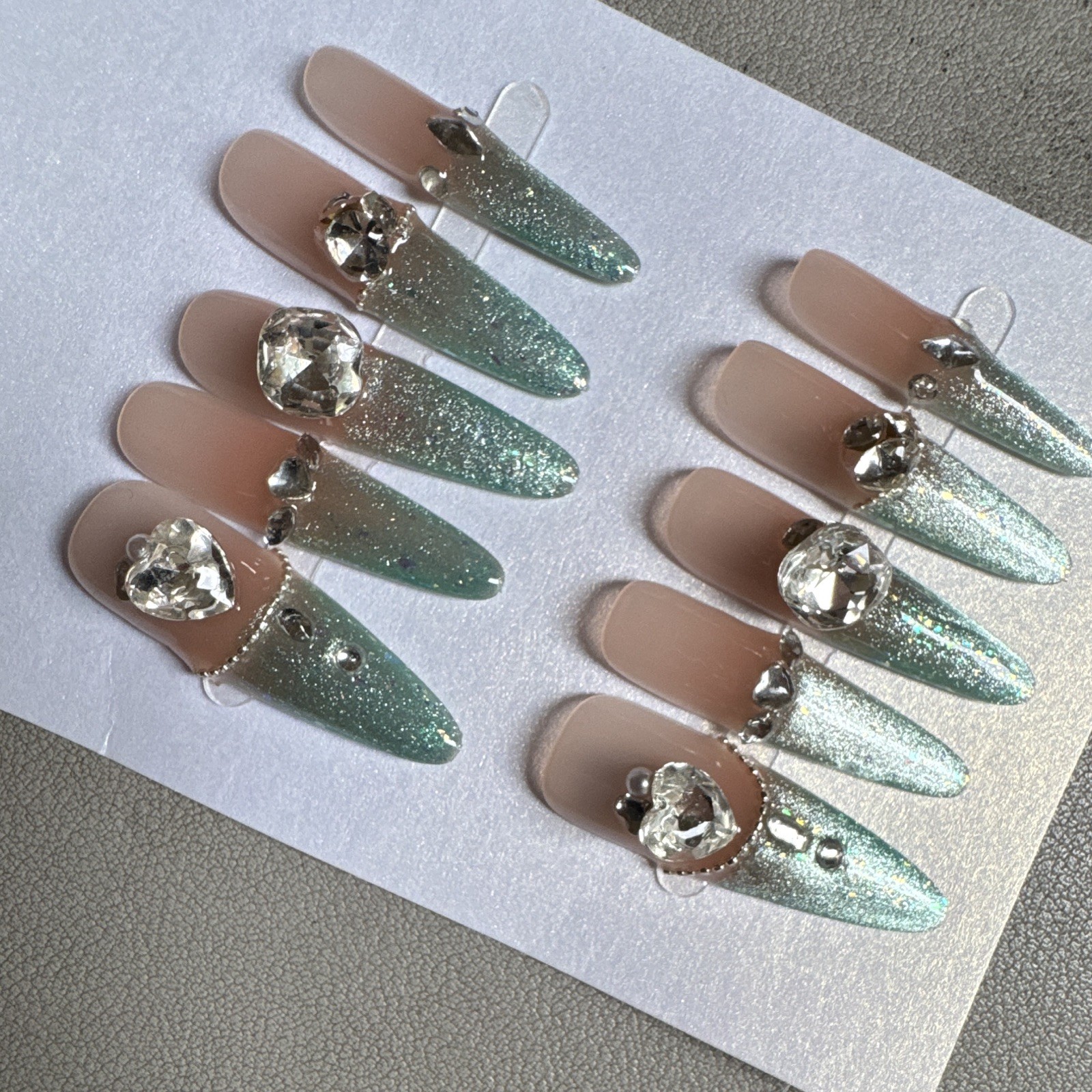 Press-On Nails Long Stiletto Nude/Green Rhinestone Theme Shiny Full Cover