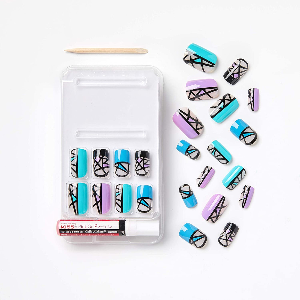 GoldFinger Gel Glam Ready-to-Wear Nails, Square Tip, Medium Length Blue Purple