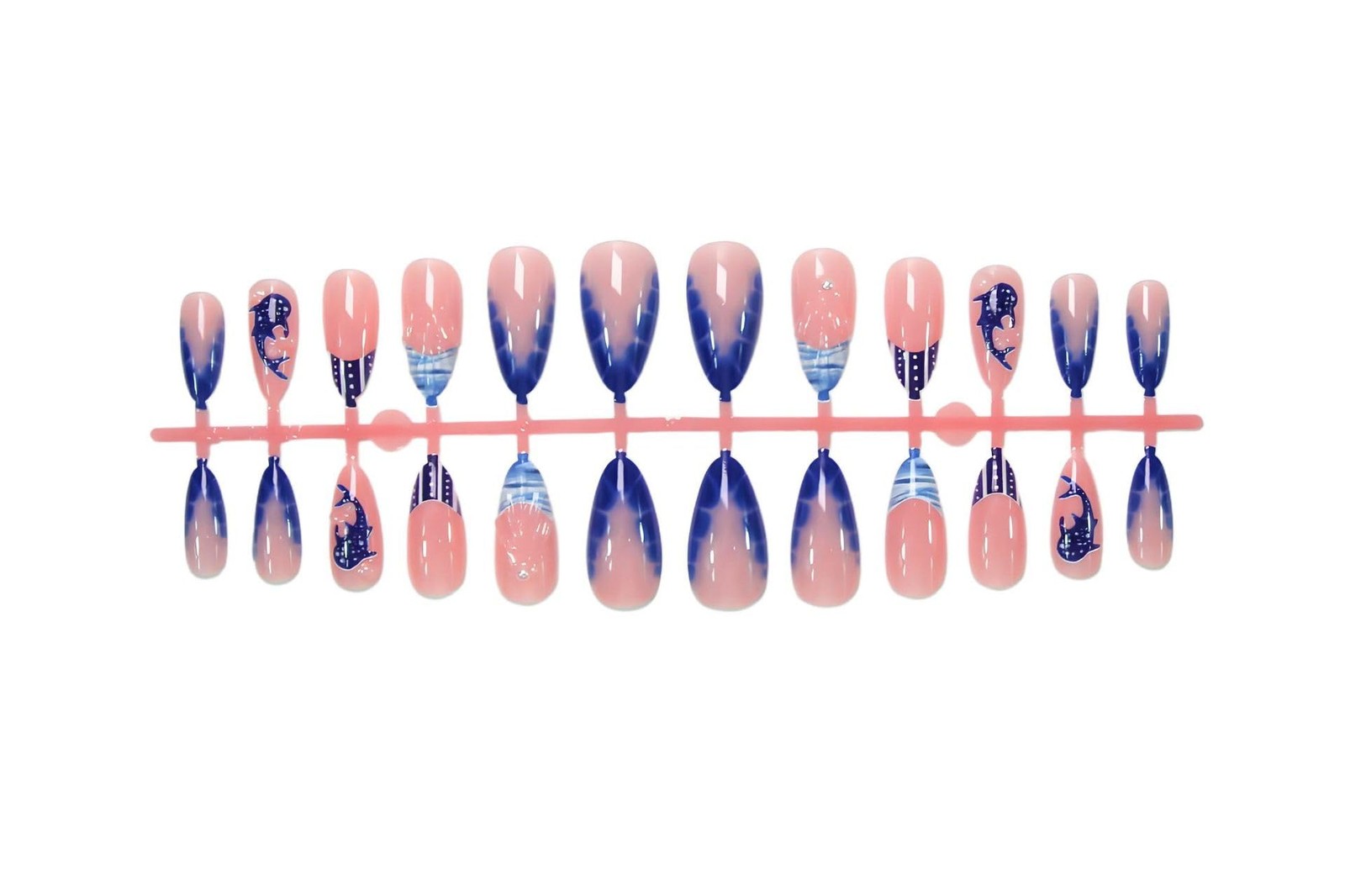 24Pcs Summer Press on Nails Medium Almond Blue French Tip Fake Nails with Oce…