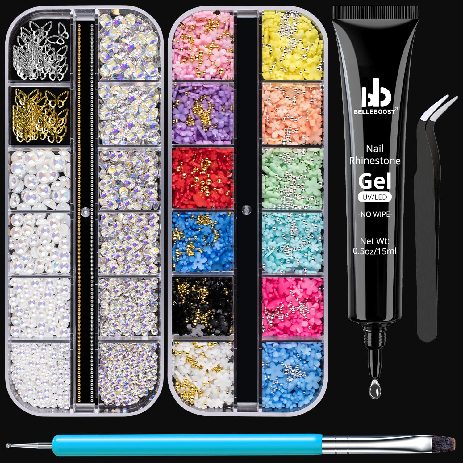 Nail Art Rhinestone Glue Gel&2 Boxes 3D Charms Accessories Kit 1, 1 Pc of 15Ml R