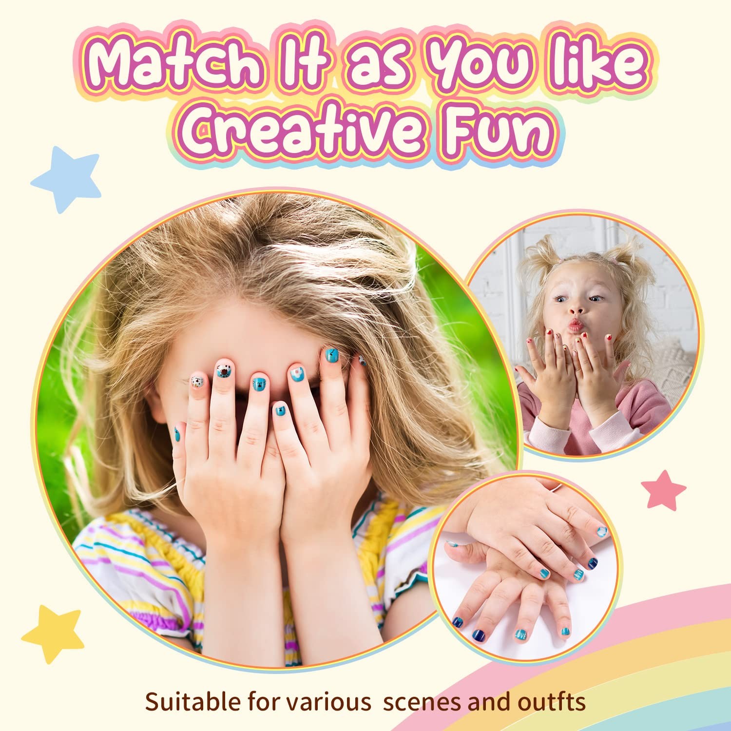 Modelones Press on Nails for Kids 144Pcs 6 Pack Children Acrylic Fake Nails Pre