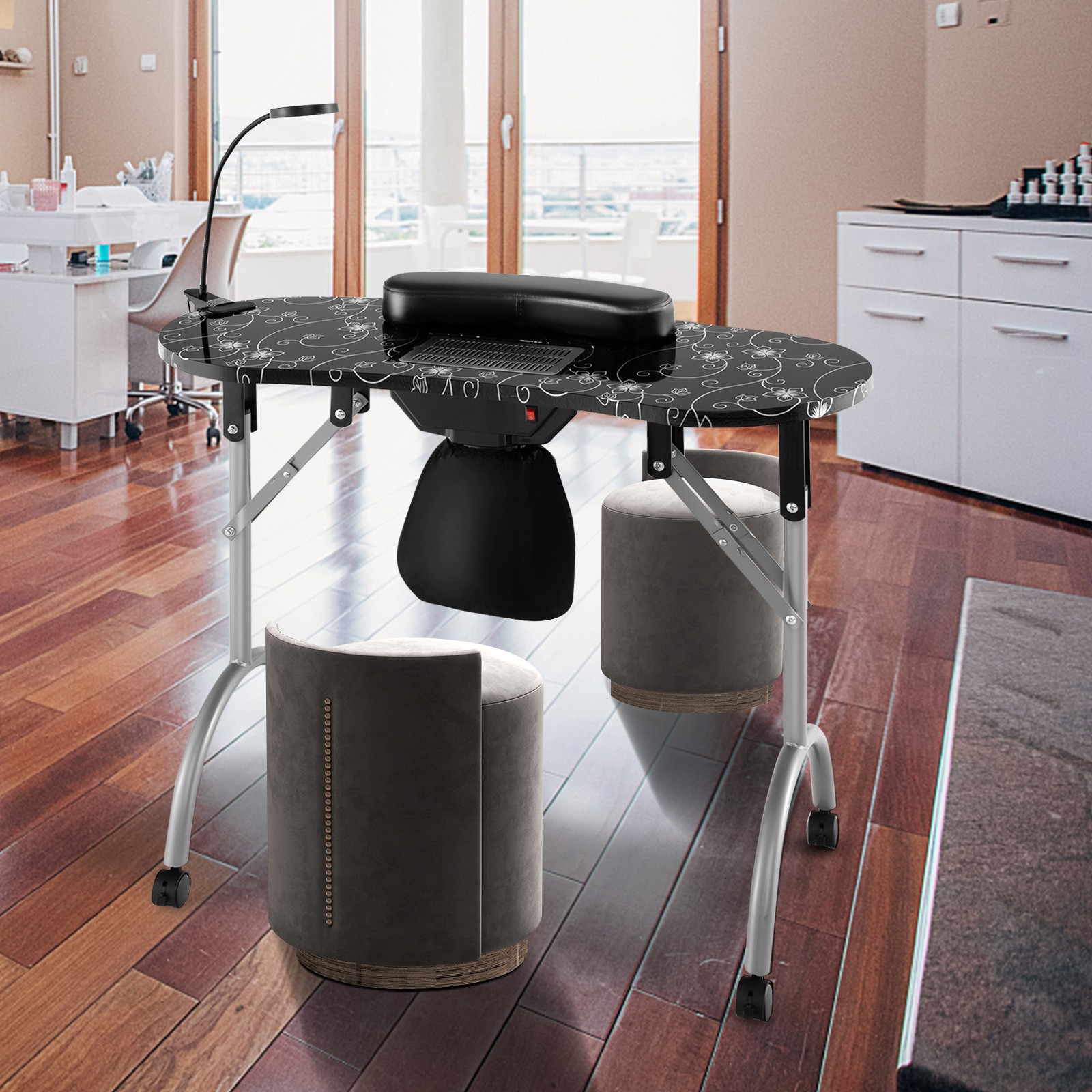 Folding Manicure Nail Table on Wheels w/Soft Wrist Pad & Electric Dust Collector