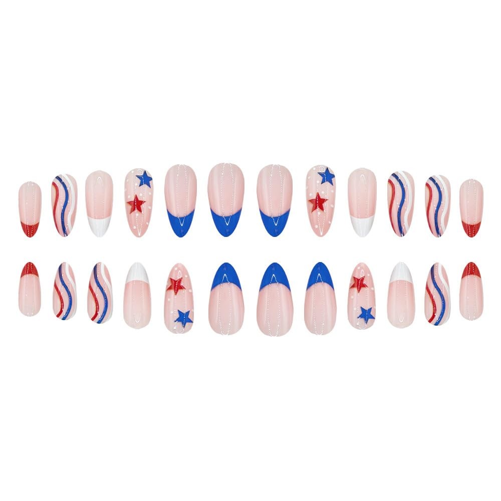 4th of July Press on Nails Medium Almond French Tip Fake Nails Press ons Glos…