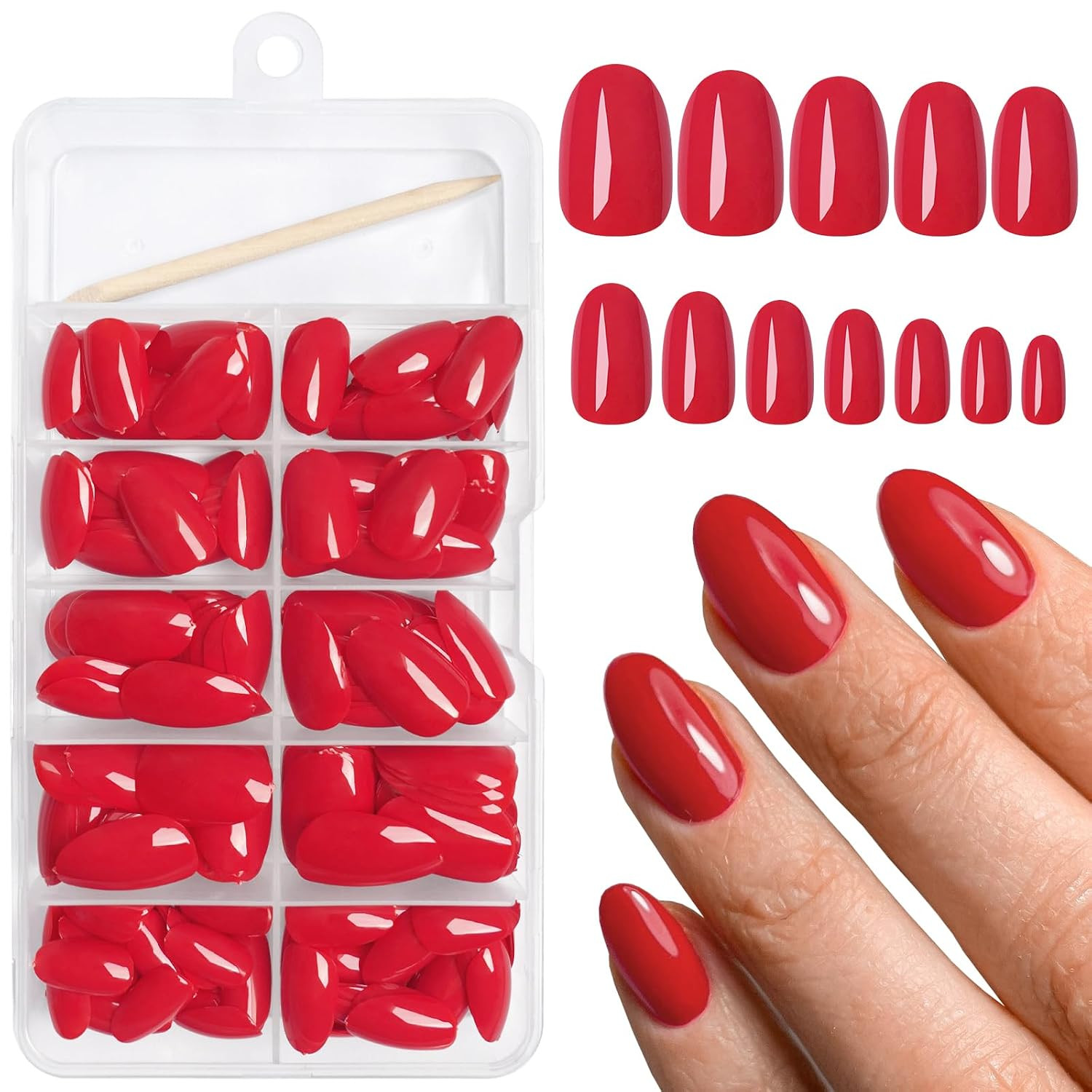 Oval Press on Nails Short Fake Nails, 240Pcs Bright Red Nails Press on Almond…